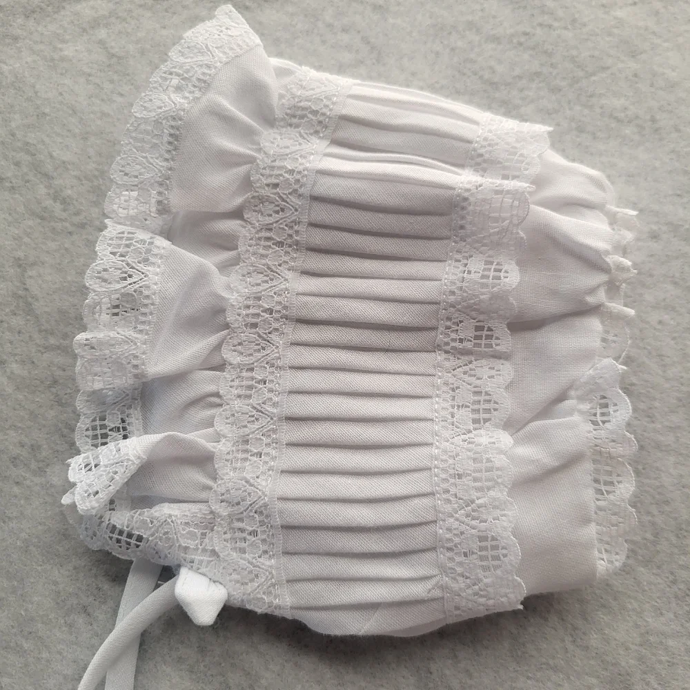 New Born Baby Bonnet Vintage 1986 White Open Back Tie Closure